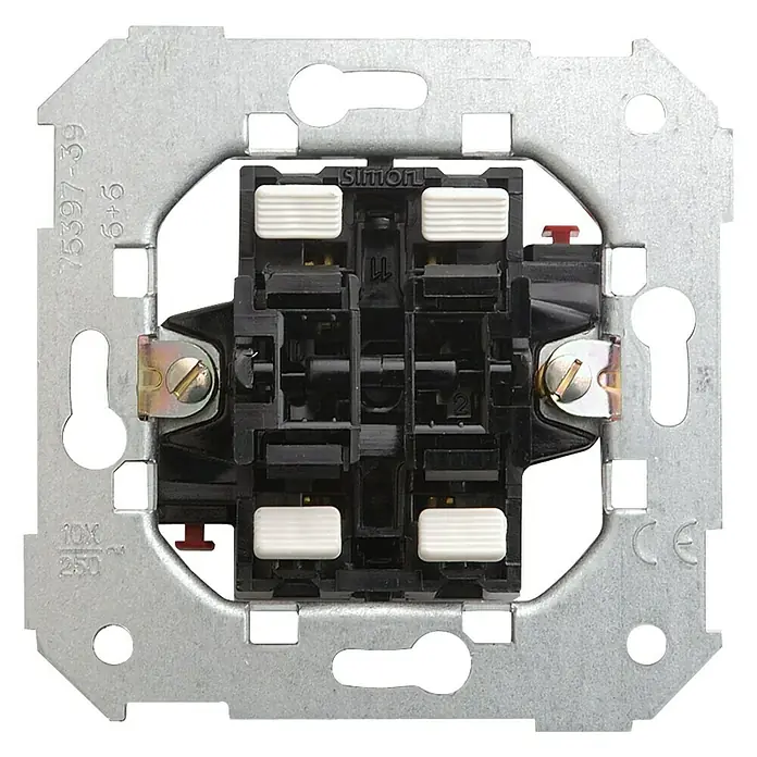 Simon 75 Mecanismo de conmutador doble - Montaje en superficie - Primer plano de un interruptor de luz doble de Simon, con marco metálico y botones blancos para el mercado europeo.