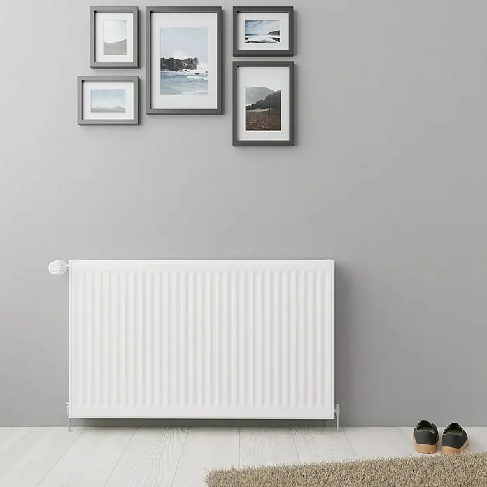 De'Longhi Kompaktheizkörper - B x H: 1.000 x 500 mm, Wärmeleistung bei Vorlauftemperatur von 75 °C (D: 50): 1.485 W, Typ Heizkörper: 22 - Ein Heizkörper vor einer grauen Wand mit Bildern und ein Paar Schuhe auf einem Teppich.