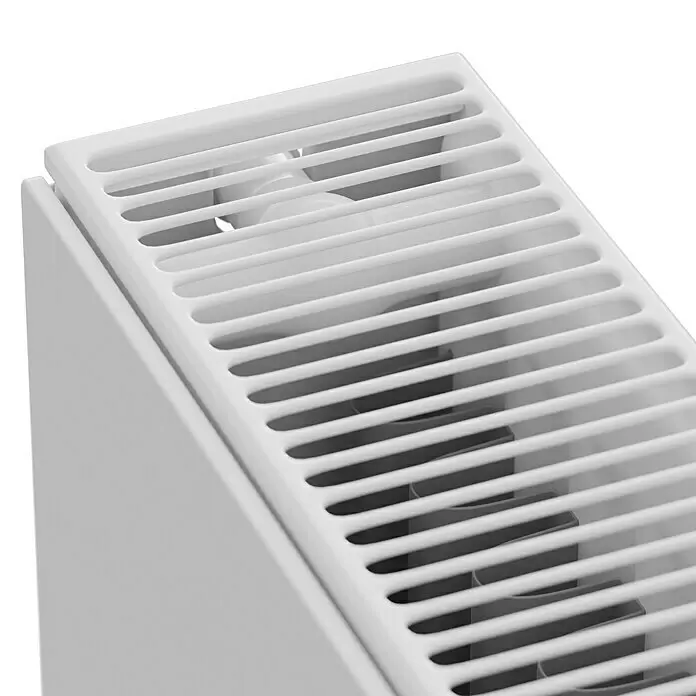 E.C.A. Planheizkörper - B x H: 800 x 550 mm, 1.247 W, 22 - Nahaufnahme des Lamellengitters eines weißen Heizkörpers mit sichtbaren internen Heizrippen.