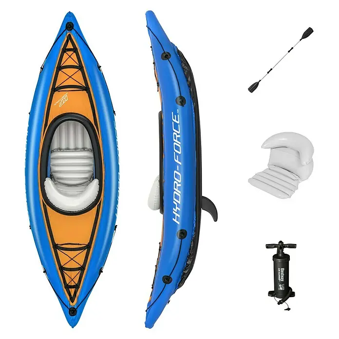 Bestway Hydro Force Kayak Cove Champion - Plástico, Azul/Naranja/Blanco - Imagen de un kayak inflable Hydro-Force que incluye accesorios como remo, asiento y bomba.