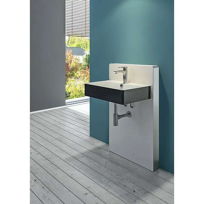 Camargue Waschtisch Miami Twice - 60,5 x 42 cm, Ohne Spezialglasur, Hahnloch: Mitte, Mit Überlauf, Schwarz - Modernes Badezimmer-Waschbecken in Schwarz und Weiß.