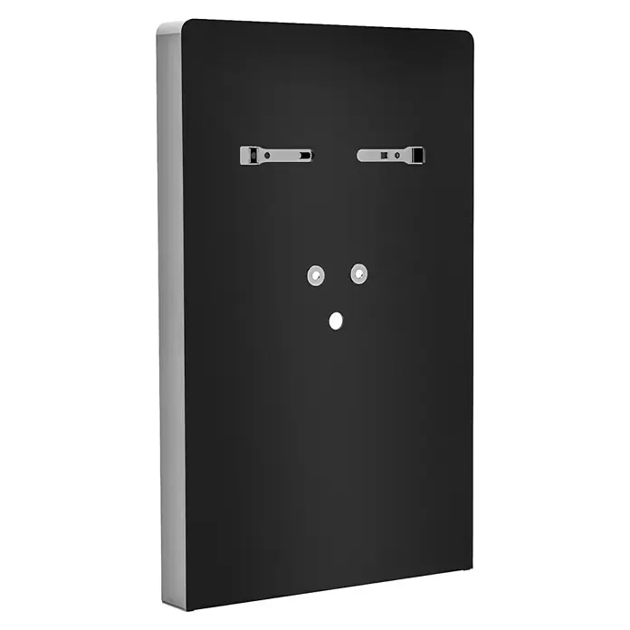Camargue Sanitärmodul für Waschtisch - L x B x H: 10,5 x 66,8 x 110 cm, Glasverkleidung, Schwarz - Nahaufnahme einer schwarzen Wandhalterung mit silbernen Akzenten, die für die sichere Befestigung eines Geräts konzipiert wurde.