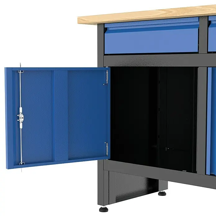 Güde Werkbank GW 6/2 XL - L x B x H: 171,2 x 60 x 85 cm - Detailaufnahme eines Werkstattschranks mit blauer Tür, offen, Teil eines Werkbank-Sets.