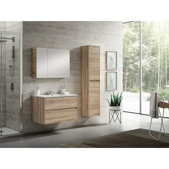 Armario colgante de baño Ten - L x An x Al: 25 x 35 x 160 cm, Roble bardolino - Interior de baño con mueble bajo lavabo, espejo y columna en acabado madera, complementado con elementos decorativos para un ambiente elegante.