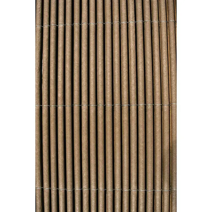 Nortene Sichtschutzmatte LOP - L x H: 300 x 90 cm - Detailaufnahme eines Rollmattenzauns aus braunen Bambusrohren, verbunden durch zwei horizontale Metalldrähte.