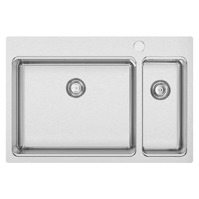 Rodi Fregadero encastrable UNA 72 - 50,5 x 75,5 cm, Acero inoxidable - Vista de un fregadero doble de acero inoxidable, con un diseño moderno y un acabado liso de metal cepillado.