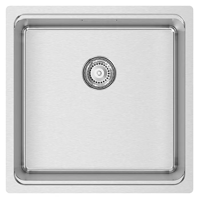 Rodi Fregadero encastrable UNA 40 - 44 x 44 cm, Acero inoxidable - Primer plano de un fregadero cuadrado de acero inoxidable con un desagüe redondo en el centro para la cocina moderna.