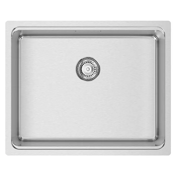 Rodi Fregadero encastrable UNA 50 - 44 x 54 cm, Acero inoxidable - Primer plano de un fregadero moderno de acero inoxidable con desagüe central, ideal para cualquier cocina.