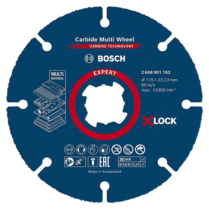 Bosch Expert Karbid-Trennscheibe Carbide Multi Wheel X-Lock - Durchmesser: 115 mm, 1 Stk. - Abgebildet ist eine Bosch Carbide Multi Wheel EXPERT Trennscheibe mit X-LOCK Aufnahme, ideal für vielfältige Materialien und Anwendungen.