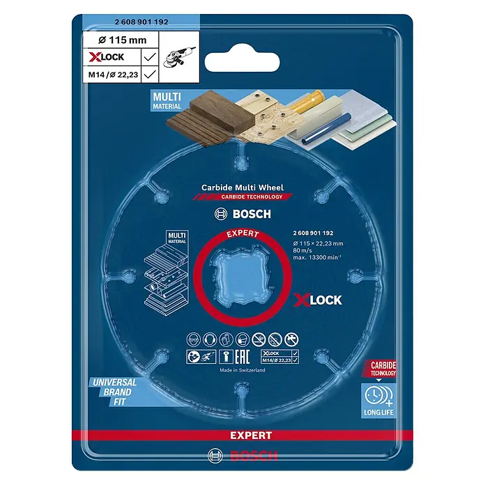 Bosch Expert Karbid-Trennscheibe Carbide Multi Wheel X-Lock - Durchmesser: 115 mm, 1 Stk. - Abbildung einer Bosch Expert Carbide Multi Wheel Trennscheibe, ideal zum Schneiden verschiedener Materialien mit hoher Präzision.