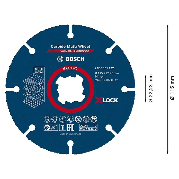 Bosch Expert Karbid-Trennscheibe Carbide Multi Wheel X-Lock - Durchmesser: 115 mm, 1 Stk. - Bild eines Bosch Carbide Multi Wheel Trennscheibe, Durchmesser 115 mm, geeignet für verschiedene Materialien und mit X-Lock-System.