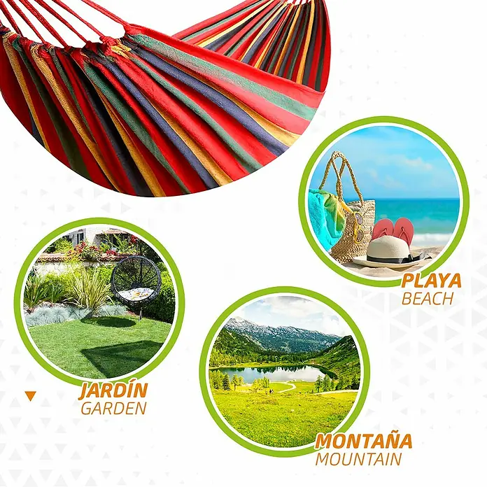 Aktive Hamaca Yucatán - L x An: 200 x 100 cm, Rojo, lila, verde y amarillo, - Primer plano de una hamaca colorida, ideal para el jardín, la playa o la montaña. Relájate al aire libre con esta cómoda hamaca.