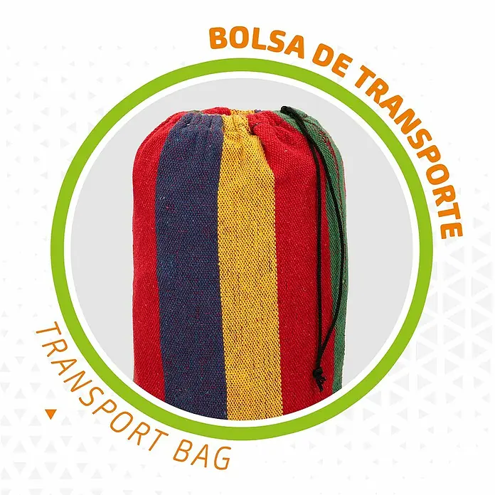 Aktive Hamaca Yucatán - L x An: 200 x 100 cm, Rojo, lila, verde y amarillo, - Primer plano de una bolsa de transporte con cordón a rayas, enmarcada en un círculo verde.