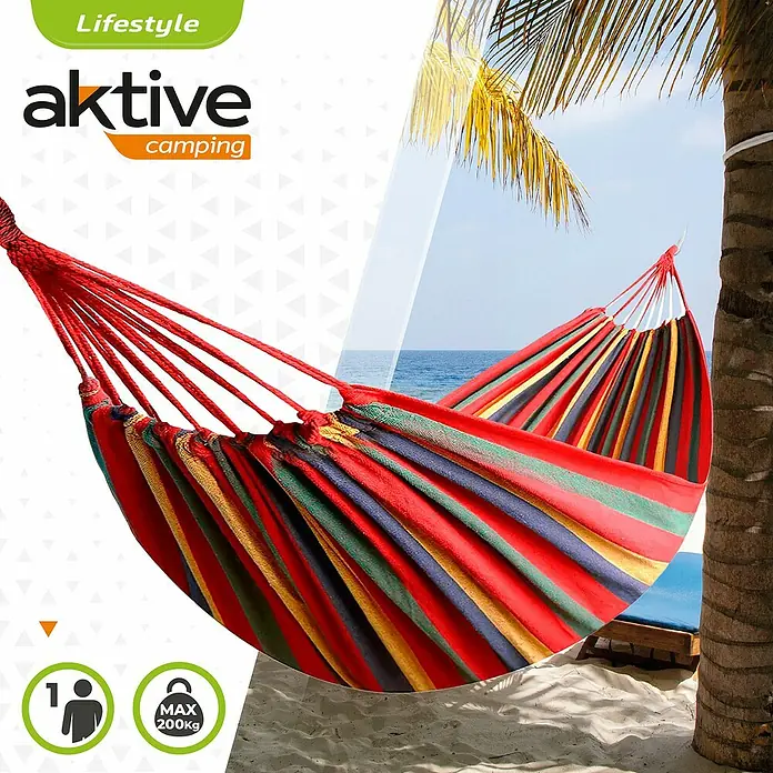 Aktive Hamaca Yucatán - L x An: 200 x 100 cm, Rojo, lila, verde y amarillo, - Hamaca colorida de Aktive Camping para relajarse al aire libre. Ideal para camping, jardín o terraza, con una capacidad máxima de carga de 200 kg.