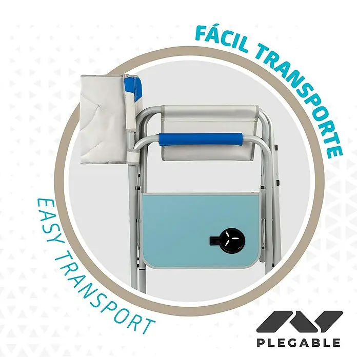 Aktive Silla de jardín Director - Gris/Azul - Vista detallada de una silla cómoda plegable y portátil con reposabrazos y una mesa auxiliar azul, diseñada para un transporte fácil.