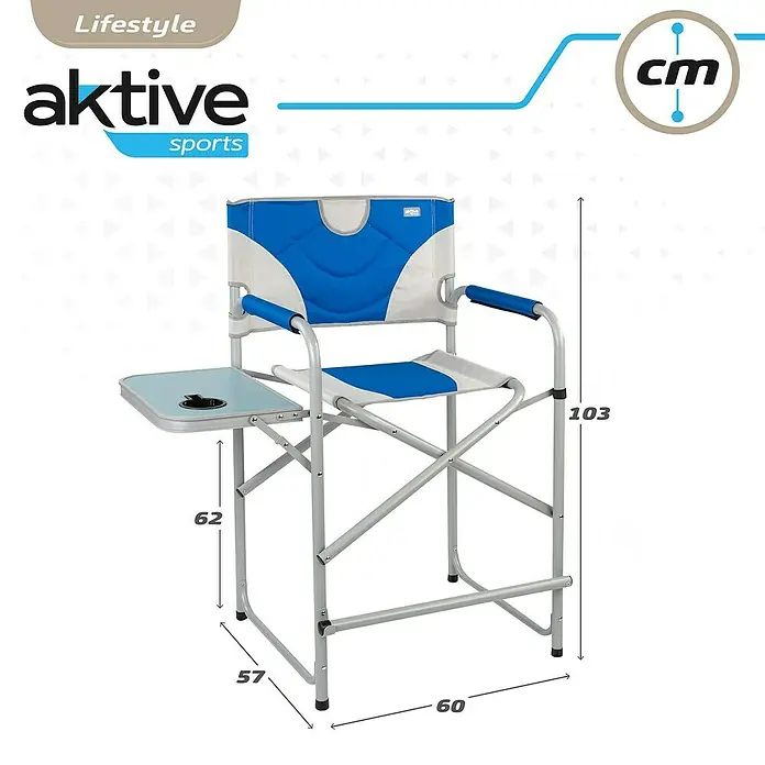 Aktive Silla de jardín Director - Gris/Azul - Imagen de una silla de director Aktive Sports azul y blanca con mesa y dimensiones.