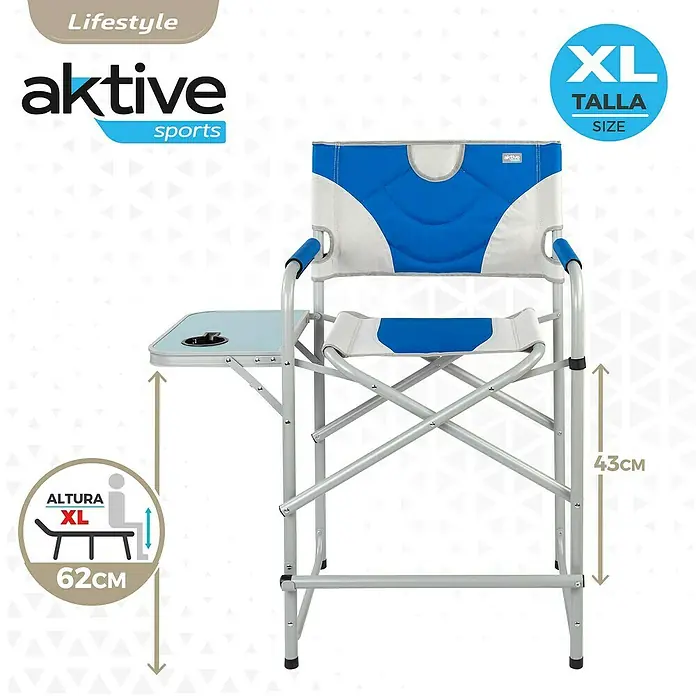 Aktive Silla de jardín Director - Gris/Azul - Imagen de una silla de director Aktive Sports XL con mesa lateral, ideal para uso en exteriores. La silla es azul y blanca y tiene una altura de 62 cm.