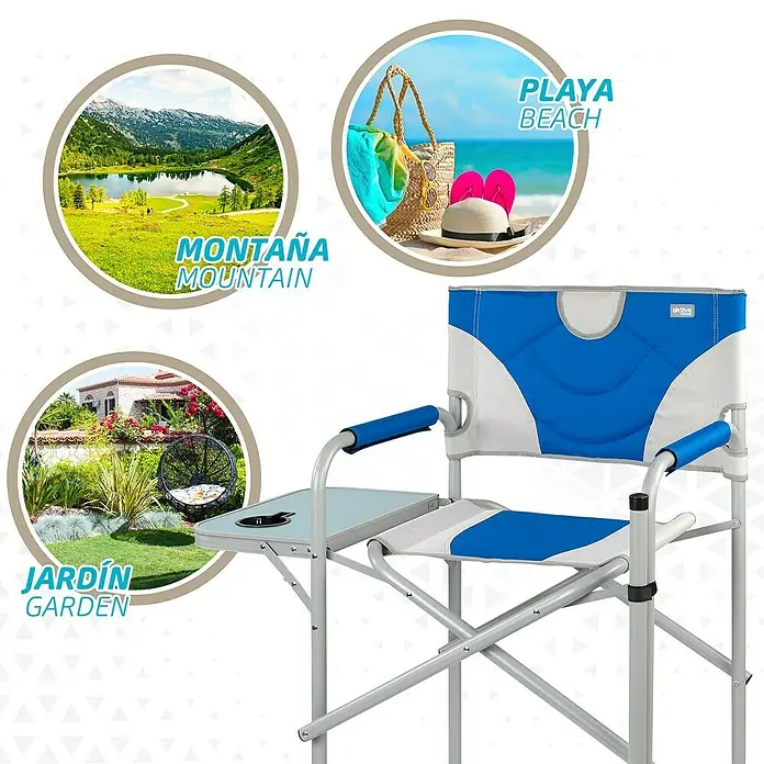 Aktive Silla de jardín Director - Gris/Azul - Imagen de alta resolución de una silla de director azul y blanca con mesa auxiliar, ideal para actividades al aire libre.