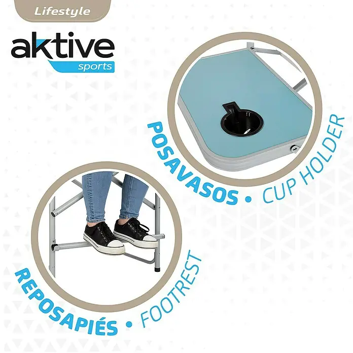 Aktive Silla de jardín Director - Gris/Azul - Detalle del producto de la mesa de camping Aktive Sports con portavasos y reposapiés para mayor comodidad durante el camping.