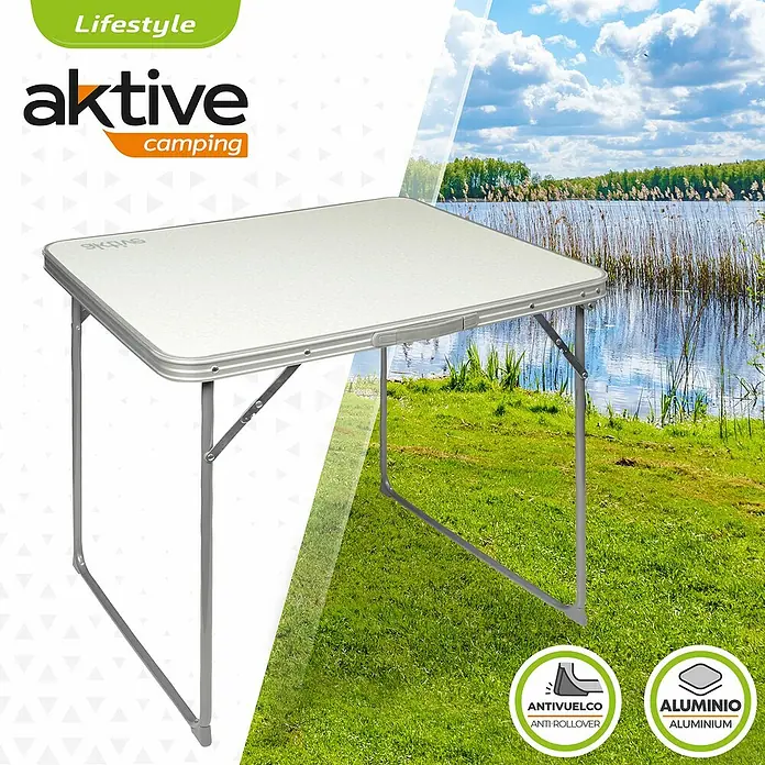 Aktive Mesa de jardín - L x An x Al: 80 x 60 x 70 cm, Blanco, Abatible - Imagen de una mesa Aktive Camping al aire libre, ideal para actividades al exterior. Es ligera, robusta y fácil de transportar.