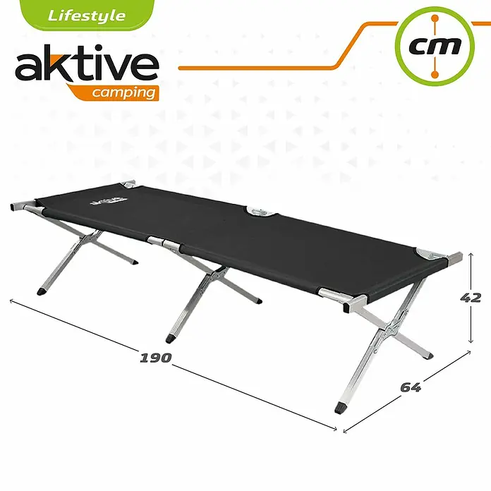 Aktive Tumbona de camping - Negro - Cama de camping Aktive Camping, perfecta para aventuras al aire libre. Dimensiones: 190x64x42 cm para un sueño cómodo.