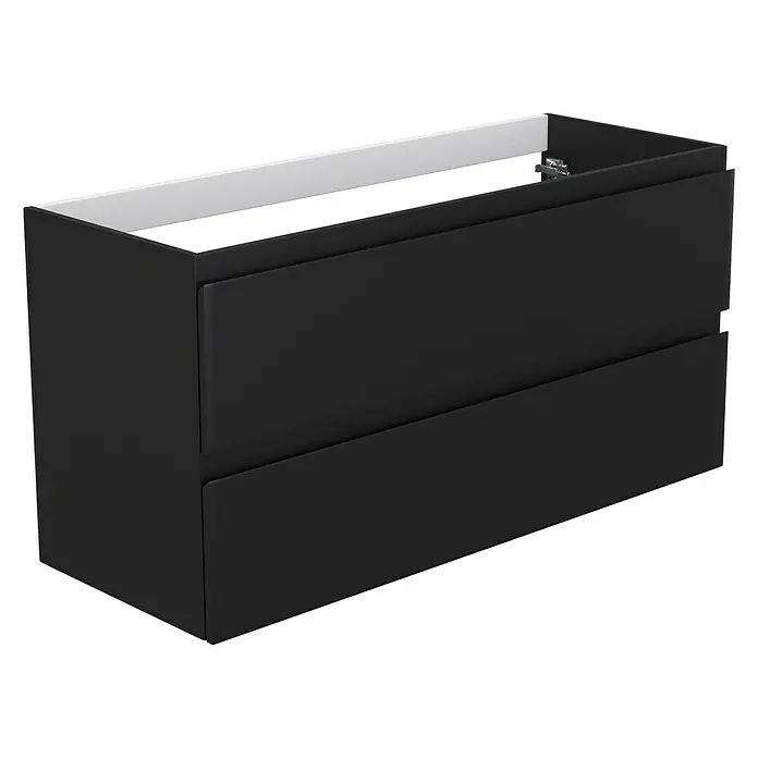 Camargue Espacio Waschtischunterschrank - 120 x 46 x 60 cm, 2 Schubkästen, Gama anthrazit matt - Schwarzer Waschtischunterschrank mit zwei Schubladen und weißer Innenseite. Das Produkt ist modern und stilvoll.