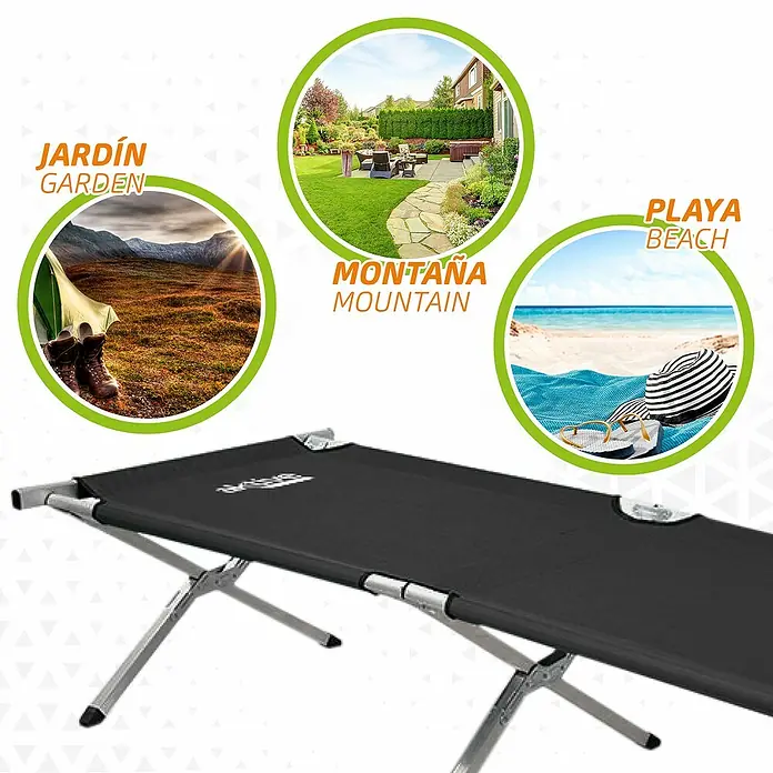 Aktive Tumbona de camping - Negro - Esta toma muestra una cuna plegable para acampar con escenas de la naturaleza, como un complemento ideal para aventuras al aire libre.
