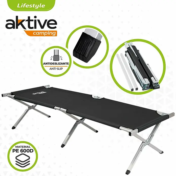 Aktive Tumbona de camping - Negro - La camilla de camping Aktive ofrece confort con su duradero material PE 600D y pies antideslizantes, perfecta para aventuras al aire libre.