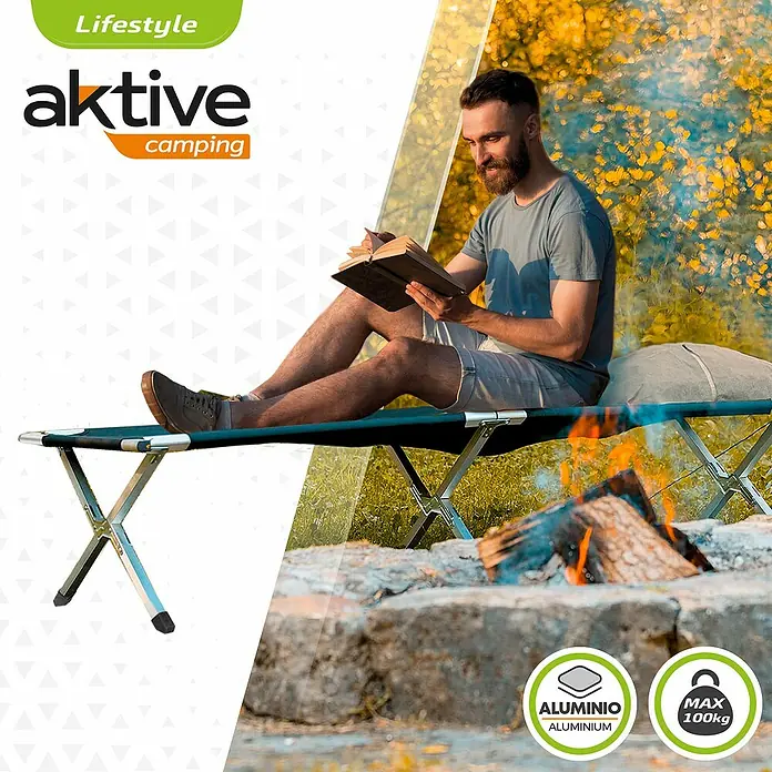 Aktive Tumbona de camping - Negro - Cama de camping Aktive Camping con marco de aluminio, ideal para aventuras al aire libre y momentos de relajación en la naturaleza.
