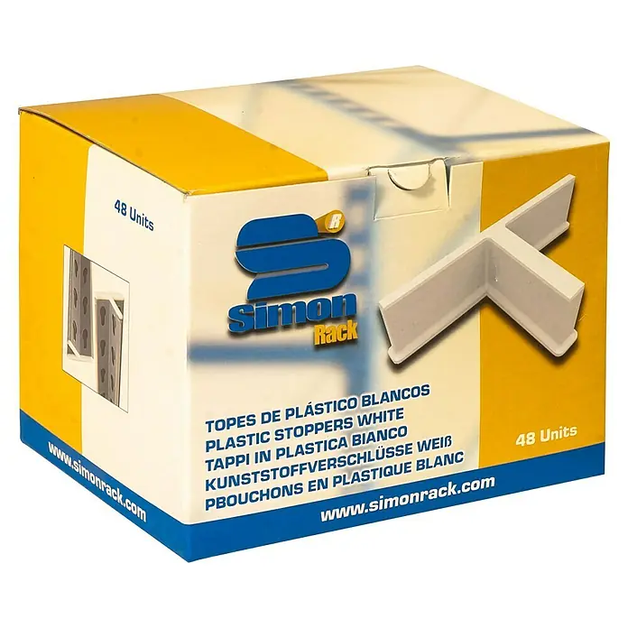 Simonrack Tope - L x An x Al: 116 x 16 x 11,2 cm, Plástico, Plateado - Una caja de topes de plástico Simon Rack, piezas de plástico blancas para estanterías, 48 unidades en el envase.