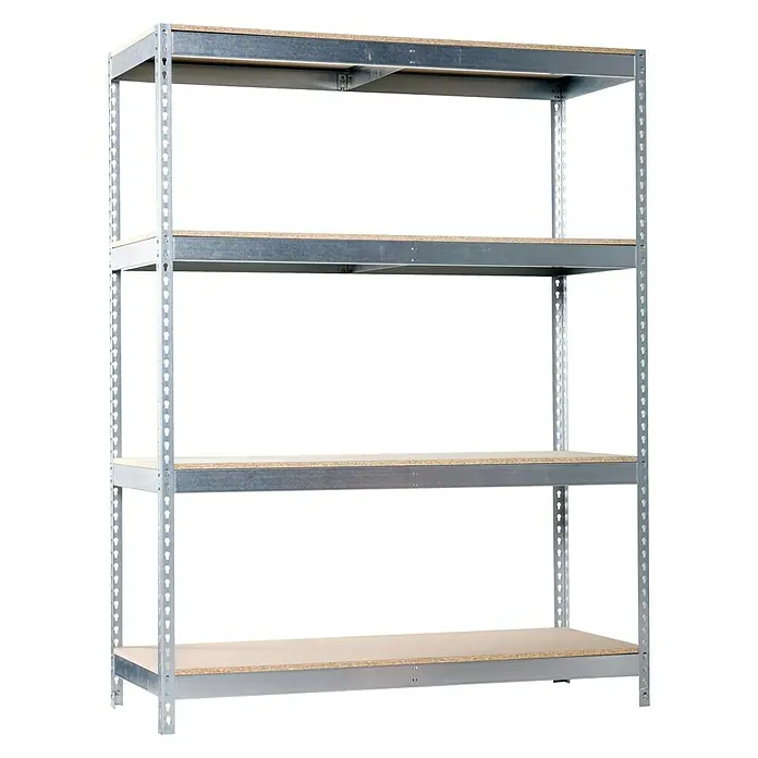 Simonrack Simonclick Holzfachboden - L x B x H: 75 x 30 x 1,6 cm, Spanplatte - Abbildung eines Metallregals mit vier Holzfächern vor einem weißen Hintergrund.