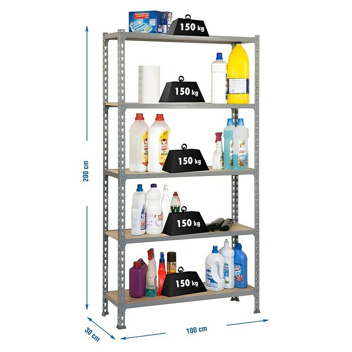 Simonrack Simonclick Metallregal (L x B x H: 30 x 100 x 200 cm, Traglast: 150 kg/Boden, Anzahl Böden: 5 Stk., Grau)