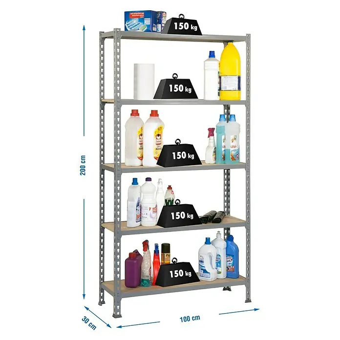 Simonrack Maderclick Metallregal Maderclick Plus - H x B x T: 200 x 100 x 30 cm, Traglast pro Boden: 150 kg, Anzahl Böden: 5 Stk., Stecken, Grau - Ein 5-stöckiges Lagerregal aus Metall mit einer Belastungsgrenze von 150 kg pro Ebene.