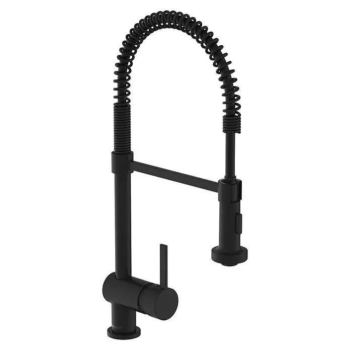 Camargue Spültischarmatur Valencia - Schwarz, Matt - Eine moderne, mattschwarze Küchenarmatur mit spiralförmigem Auslauf, die Eleganz und Funktionalität vereint.