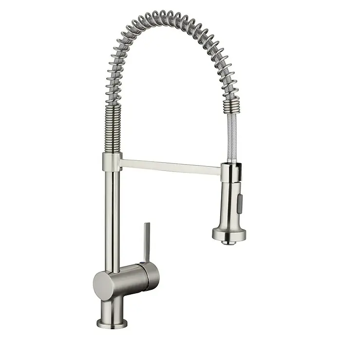Camargue Spültischarmatur ValenciaEdelstahl, Glänzend - Bild einer gebürsteten Nickel Küchenarmatur mit Spiralfederhahn. Zeitgemäßes Design, das Funktionalität und Stil für moderne Küchen vereint.