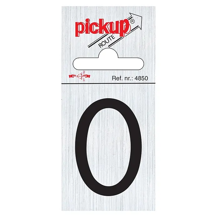 Pickup Aufkleber - Motiv: 0, L x B: 6 x 4,4 cm - PICKUP Route Nummer 0, eine selbstklebende Hausnummer in Schwarz auf silbernem Grund. Ideal für klare Kennzeichnung.
