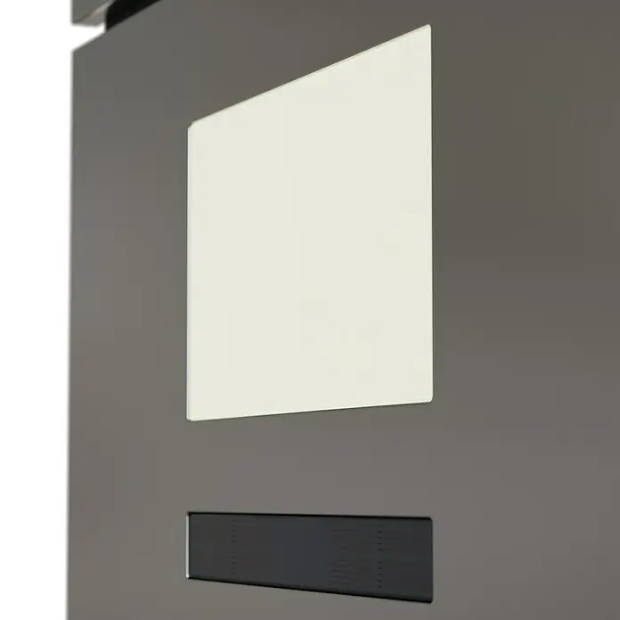 Portaferm Standbriefkasten Maximus - L x B x H: 14 x 39,5 x 115 cm, Anthrazit, Stahl, Hausnummernfeld - Nahaufnahme eines modernen Fernsehers mit einem quadratischen Bildschirm und einer Soundbar darunter.