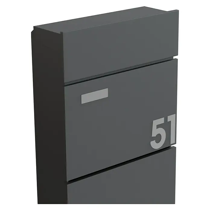 Portaferm Standbriefkasten Maximus - L x B x H: 14 x 39,5 x 115 cm, Anthrazit, Stahl, Namensschild - Elegantes, anthrazitfarbenes Briefkastendesign mit Hausnummer 51 und einem schlichten Namensschild, perfekt für moderne Hauseingänge.