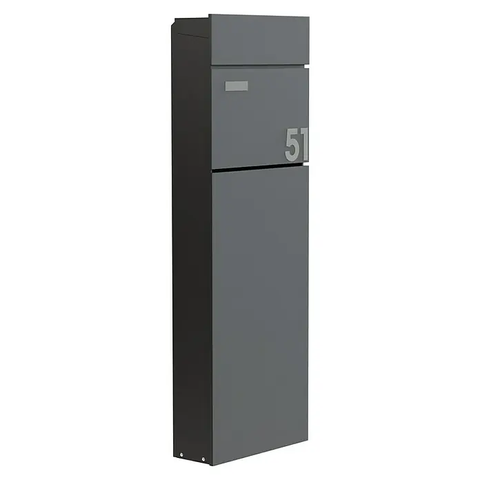 Portaferm Standbriefkasten Maximus - L x B x H: 14 x 39,5 x 115 cm, Anthrazit, Stahl, Namensschild - Elegantes anthrazitfarbenes Briefkastensystem mit klaren Linien und Hausnummer 51, ideal für moderne Hauseingänge.