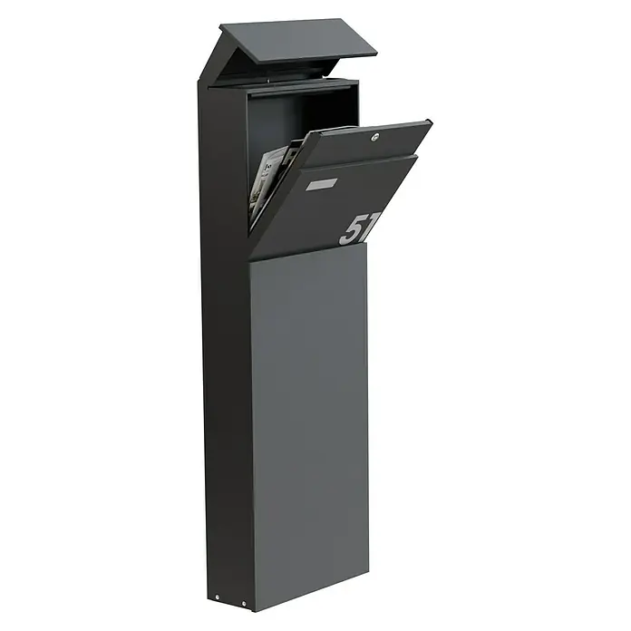 Portaferm Standbriefkasten Maximus - L x B x H: 14 x 39,5 x 115 cm, Anthrazit, Stahl, Namensschild - Ein freistehender Briefkasten in Anthrazit mit einer Zeitungsfach und der Nummer 51, ideal für den stilvollen Empfang von Post.