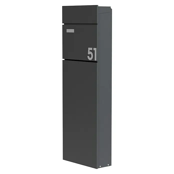Portaferm Standbriefkasten Maximus - L x B x H: 14 x 39,5 x 115 cm, Anthrazit, Stahl, Namensschild - Elegante anthrazitfarbene Briefkastenanlage mit Hausnummer 51, ideal für moderne Hauseingänge und zur sicheren Aufbewahrung von Post.