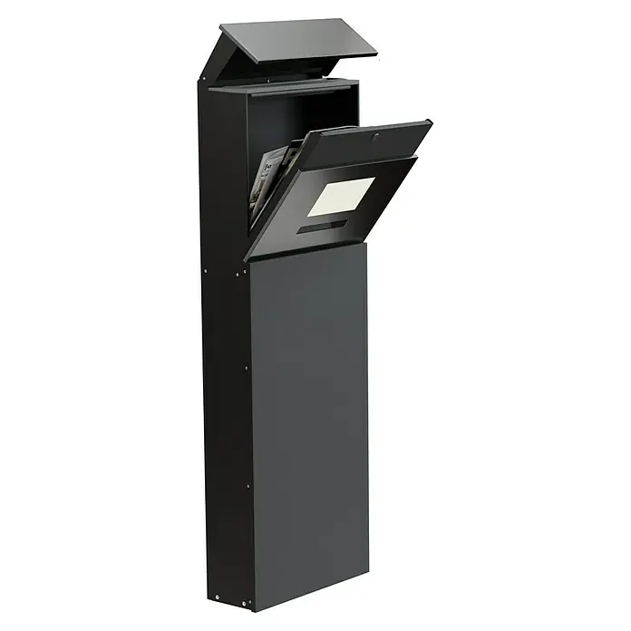 Portaferm Standbriefkasten Maximus - L x B x H: 14 x 39,5 x 115 cm, Anthrazit, Stahl, Hausnummernfeld - Bild einer schwarzen Briefkastenanlage mit offenem Fach, ideal für Hausbesitzer, die Stil und Sicherheit suchen.