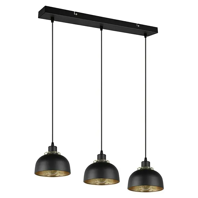 Reality Leuchten Punch Pendelleuchte - 120 W, L x B x H: 68 x 18 x 150 cm, Schwarz matt, E27 - Elegante dreiflammige Pendelleuchte in Schwarz mit goldenen Akzenten. Stilvolle Beleuchtung für modernes Interieur.