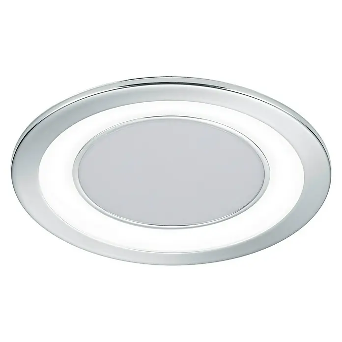 Trio Leuchten LED-Einbauleuchte rund CORE - 10 W, Ø x H: 14,8 x 3,3 cm, Warmweiß, Chrom - Nahaufnahme einer runden LED-Deckenleuchte mit Chromrand und weißem Diffusor vor schwarzem Hintergrund.