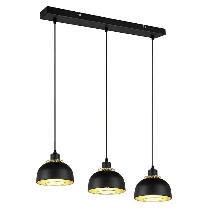 Reality Leuchten Punch Pendelleuchte - 120 W, L x B x H: 68 x 18 x 150 cm, Schwarz matt, E27 - Dreiflammige Pendelleuchte mit schwarzen Lampenschirmen und goldenen Innenseiten für stimmungsvolle Beleuchtung.