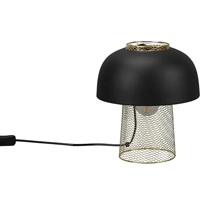 Reality Leuchten Punch Tischleuchte - 25 W, Schwarz matt, E27 - Elegante Tischleuchte mit schwarzem Schirm und goldfarbenem, durchbrochenem Lampenfuß. Ein stilvolles Deko-Element für jeden Raum.