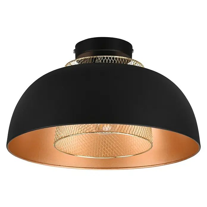 Reality Leuchten Punch Deckenleuchte rund - 40 W, Ø x H: 35 x 20,5 cm, Schwarz matt, E27 - Elegante Deckenleuchte mit schwarzem Schirm, goldenem Innendesign und dekorativem Drahtgeflecht. Ideal für stilvolle Innenräume.