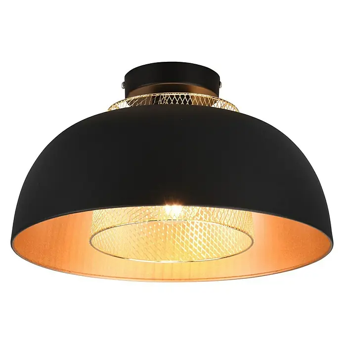 Reality Leuchten Punch Deckenleuchte rund - 40 W, Ø x H: 35 x 20,5 cm, Schwarz matt, E27 - Nahaufnahme einer modernen, schwarzen Deckenleuchte mit goldfarbener Innenseite und dekorativem Metallgitter, die ein warmes Licht ausstrahlt.