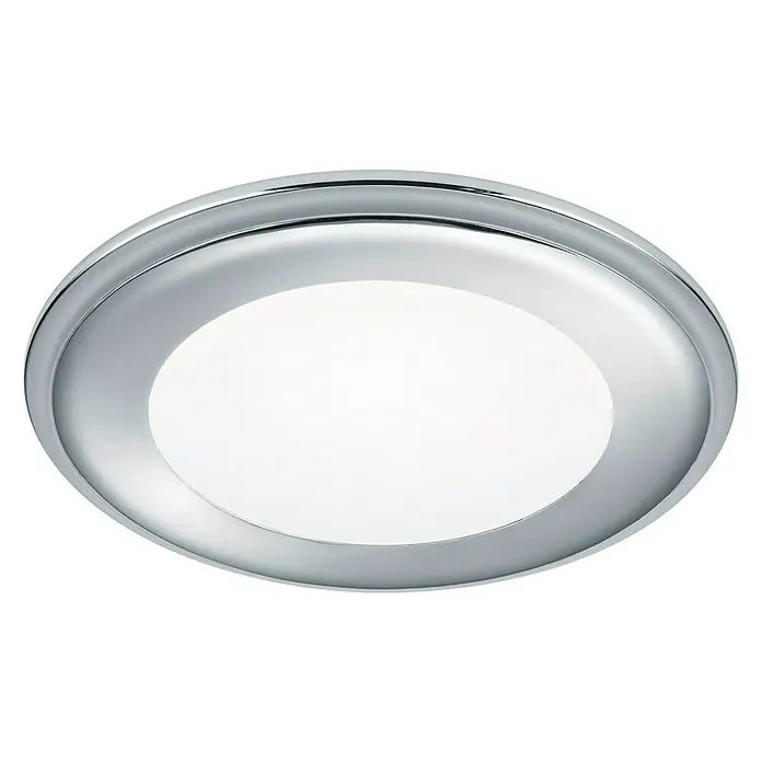 Trio Leuchten LED-Einbauleuchte rund AURA - 10 W, Ø x H: 14,8 x 3,8 cm, Chrom, Warmweiß - Nahaufnahme einer runden Deckenleuchte mit Chromrahmen und weißem Diffusor vor schwarzem Hintergrund.