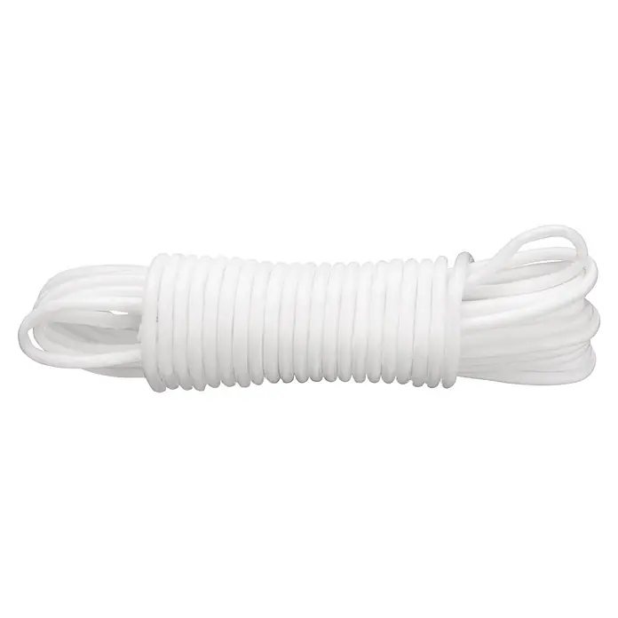 Cuerda DY2702820 - 5 mm x 15 m, Plástico, Blanco, Carga soportada: 40 kg - Una cuerda blanca perfectamente enrollada, ideal para diversas aplicaciones. Perfectamente almacenada y lista para usar.